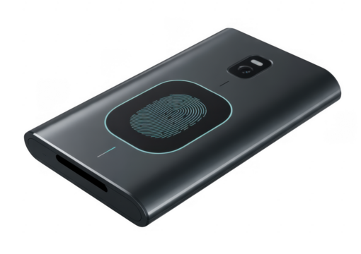 Dark gray smartphone with illuminated fingerprint scanner and camera isolated on a transparent background