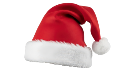 A red and white Santa Claus hat with a white pompom on the end.