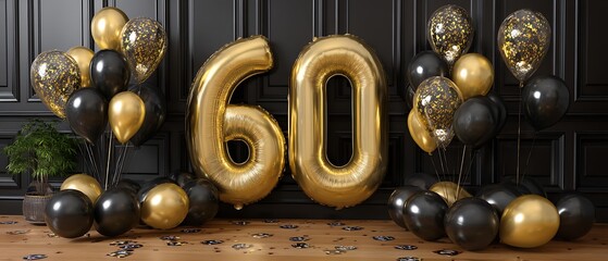 Elegant 60th Birthday Celebration with Gold and Black Balloons and Decorations