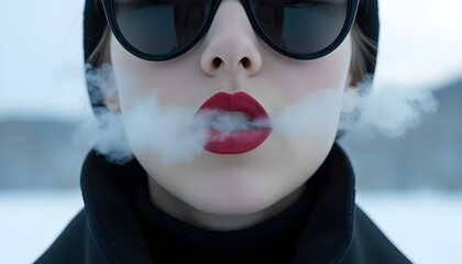 Woman Exhaling cold air Frosty Breath with Red Lipstick and Sunglasses in Winter Close Up Portrait - Snowy Landscape, winter, cold