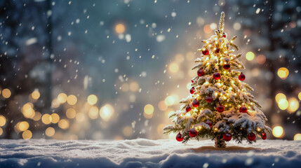 A Christmas tree with red ornaments and lights set against a snowy background with falling snow and blurred lights