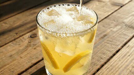 Top-Down Closeup of Cloudy Lemonade Being Poured into a Glass with Ice Cubes, Highlighting Texture and Motion.
