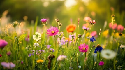 A vibrant summer meadow of wild poppies and yellow blossoms in a field of flowers