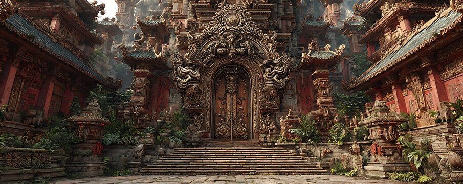 Bronze temple mockup with engraved command panels powered by crimson energy