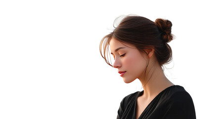 Fototapeta premium Serene Solitude: A woman finds solace in her own thoughts, her gaze averted as she embraces a moment of introspection and tranquil peace.