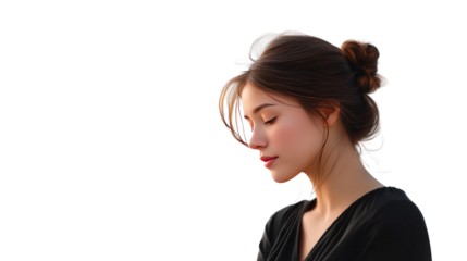 Serene Solitude: A woman finds solace in her own thoughts, her gaze averted as she embraces a moment of introspection and tranquil peace.