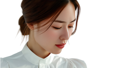 Contemplative Grace: A serene woman with closed eyes, her beauty radiates peace and introspection in a moment of quiet reflection.