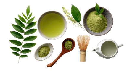 Zen of Matcha: An artful arrangement of the key elements of matcha tea, from vibrant green leaves and finely ground powder to the ceremonial whisk.