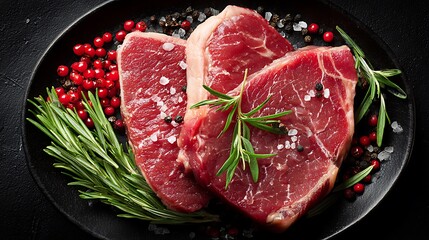 Raw beef steak with rosemary, fresh meat food ingredient