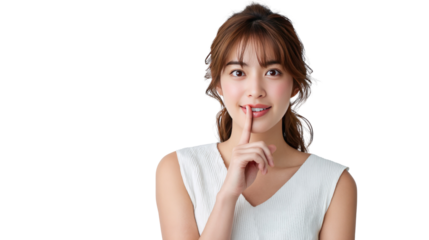 Serene Silence: A portrait of a woman delicately places a finger over her lips, her expression a mix of gentle command and tranquil mystery. Capturing the essence of quietude and allure.