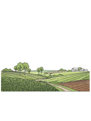 Hand-drawn illustration of a rural landscape with fields, trees, and buildings.