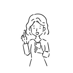 線画・人差し指を立ててスマホを持っている若い女性
