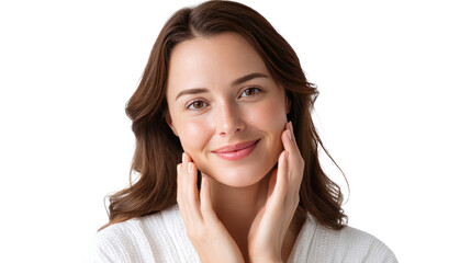 Radiant Glow: A woman with beautiful, radiant skin gently cradles her face, her eyes sparkling with health and vitality. A portrait of natural beauty and inner well-being.