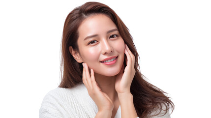 Radiant Beauty: A portrait of a woman with healthy skin glows with natural radiance, gently touching her face, epitomizing the essence of health and beauty.