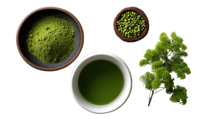 Zen Matcha: An artistic presentation of vibrant green matcha powder, tender leaves, and aromatic tea within elegant bowls, a testament to the art of tea.