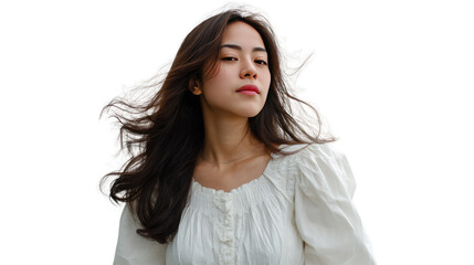 Poised Beauty: A captivating young woman, her dark hair flowing in the wind, exudes an air of serenity. Delicate features and elegant pose create a sense of ethereal beauty. 