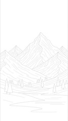 Line Art Depicting Mountain Range with Trees and Landscape Elements