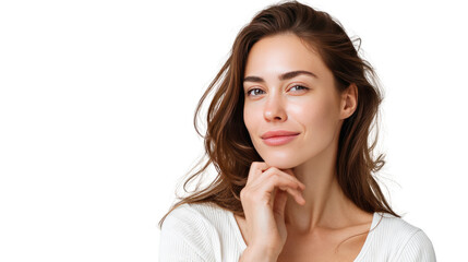 Gentle radiance: A portrait of a woman of beauty, with a thoughtful gaze and a soft touch to her face. the portrait captures her calm state of mind