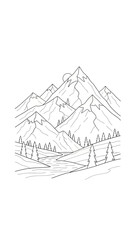 Mountain Landscape Outline with River and Trees, Minimalist Style