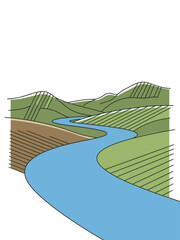 Serpentine Blue River Flowing Through Green and Brown Landscape Illustration