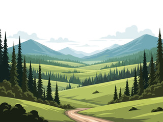 Scenic Landscape Illustration Featuring Mountains, Trees, and Winding Road