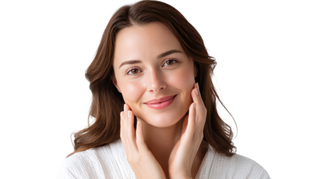 Radiant Glow: A woman with beautiful, radiant skin gently cradles her face, her eyes sparkling with health and vitality. A portrait of natural beauty and inner well-being.