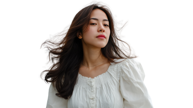 Poised Beauty: A captivating young woman, her dark hair flowing in the wind, exudes an air of serenity. Delicate features and elegant pose create a sense of ethereal beauty. 