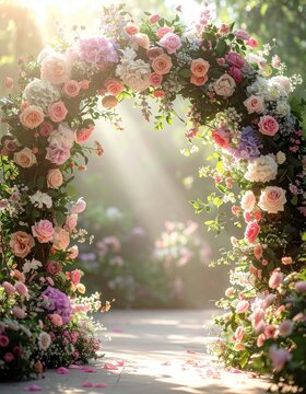 A beautiful floral arch adorned with pink and white roses, surrounded by greenery, illuminated by soft sunlight.
