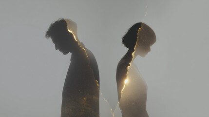 Artistic double exposure of a couple in silhouette divided by a glowing golden fracture, symbolizing separation and emotional distance.