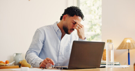 Frustrated man, laptop or headache with stress in home for project deadline or overworked....
