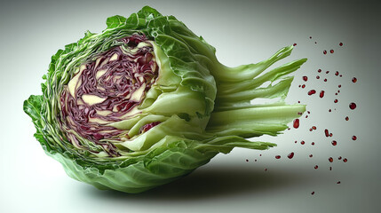 Obraz premium Bold red cabbage, vividly cut open, sits on a clean surface. Small red liquid droplets appear to float nearby.