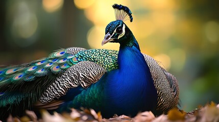 Close-up of a colorful blue and green peacock feather against a background