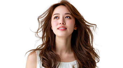 Dreamy gaze: A portrait of a woman with flowing brown hair, gazing upwards with a serene and hopeful expression. capturing a moment of quiet contemplation and introspection