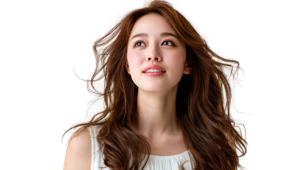 Dreamy gaze: A portrait of a woman with flowing brown hair, gazing upwards with a serene and hopeful expression. capturing a moment of quiet contemplation and introspection