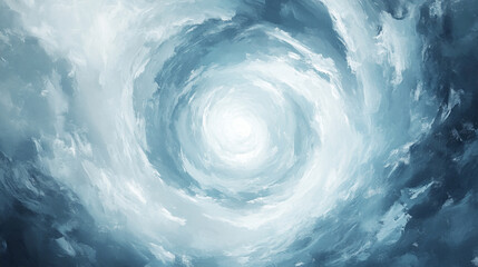 Top view of a swirling white tornado on an abstract background, symbolizing raw energy, transformation, chaos, and the power of nature converging into a focused, dynamic force.