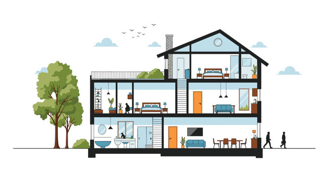 A detailed cross-section of a modern three-story house showing the interior layout of rooms, furniture, and family life inside.