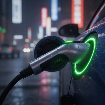 Primer plano de carga de veh&iacute;culo el&eacute;ctrico con luz indicador verde y gotas de lluvia en entorno nocturno urbano.