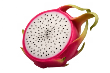 Dragon fruit half, cut exposing white flesh and black edible seeds, featuring vibrant pink skin and green scales. Transparent background