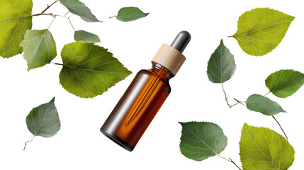 Serum bottle with leaves : An amber serum bottle sits amidst a delicate arrangement of fresh, green leaves, evoking a sense of natural skincare and wellness. 