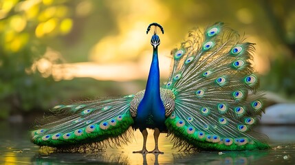 Close-up of a colorful blue and green peacock feather against a background