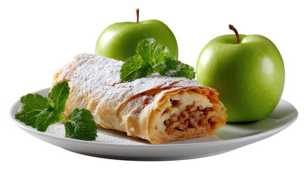 Apple Strudel Delight: A delicious, freshly baked apple strudel rests on a pristine white plate, accompanied by vibrant green apples and fresh mint, an inviting presentation of sweet pastry.