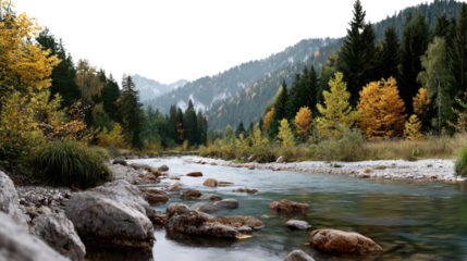 Serene Mountain River: A captivating view of a river snaking through a mountainous terrain, with the clear water reflecting the sky and the surrounding trees.