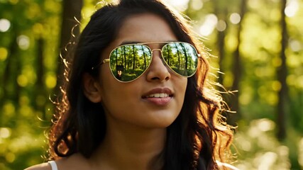 Young woman wearing aviator sunglasses reflecting green forest and sunlight - Powered by Adobe