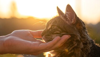 Close-up of a hand gently stroking a domestic cat's face in the warm glow of sunset, fostering a sense of companionship and tenderness
