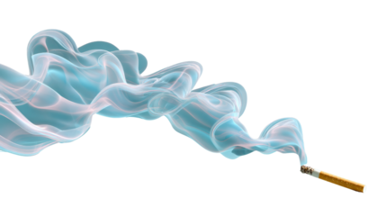 Smoke trail illustration: A studio shot of a cigarette releasing a wispy, swirling plume of smoke. The image evokes themes of harm and impact. 