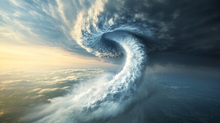 Top view of a swirling white tornado on an abstract background, symbolizing raw energy, transformation, chaos, and the power of nature converging into a focused, dynamic force.