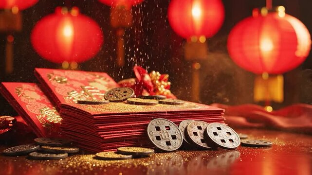 Stack of red envelopes with Chinese coins and gold dust, illuminated by red lanterns in the background, symbolizing prosperity and good fortune.
