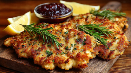 A freshly cooked traditional German schnitzel served on a vertical plate setting, showcasing its golden-brown, crispy breaded crust. The texture appears light, crunchy, and perfectly fried, with subtl