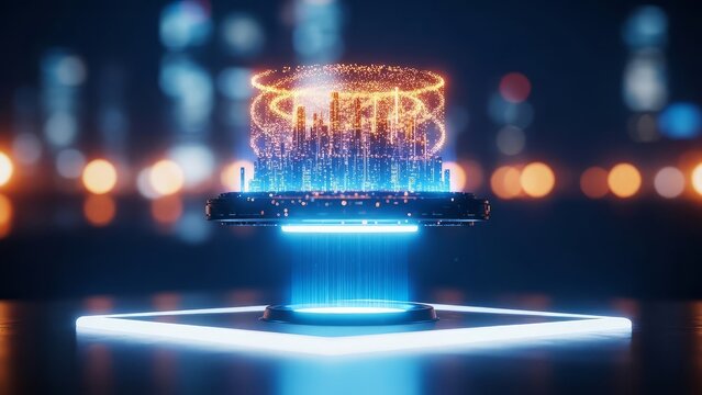 Futuristic platform displaying a digital city with glowing particles and blue light beams below