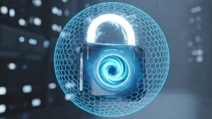 Futuristic digital security concept with a glowing blue padlock protected by a hexagonal energy shield in a dark technological environment - Powered by Adobe